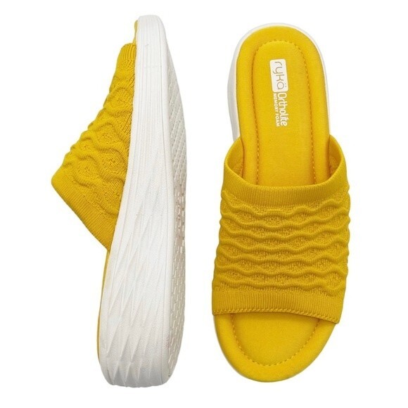 Ryka Nanette Stretch Knit Slide Demi-Wedge Slip-On Sandal Yellow White Size 9.5 - Picture 1 of 15